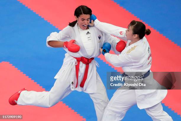 Ayumi Uekusa of Japan and Nancy Garcia of France compete in the Women’s Kumite +68kg Pool 4 Round 3 match on day two of the Karate 1 Premier League...
