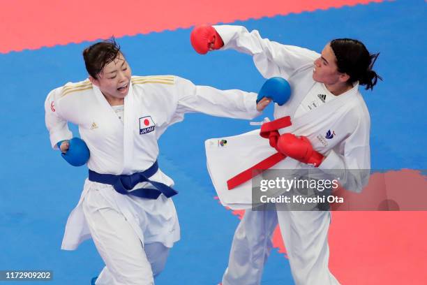 Ayumi Uekusa of Japan and Nancy Garcia of France compete in the Women’s Kumite +68kg Pool 4 Round 3 match on day two of the Karate 1 Premier League...