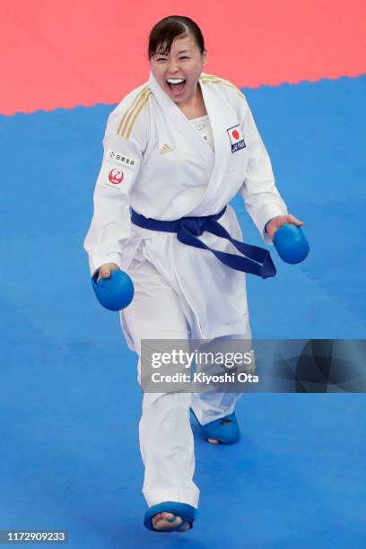 Ayumi Uekusa of Japan reacts as she competes against Ingrid Creemers of the Netherlands in the Women’s Kumite +68kg Pool 4 Round 2 match on day two...