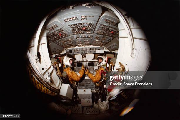 Astronauts John Watts Young and Robert Laurel Crippen, the crew of the STS-1 mission on the space shuttle 'Columbia' , give a thumbs up from the...