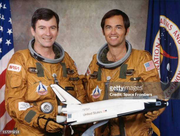 Astronauts John Watts Young and Robert Laurel Crippen, the crew of the STS-1 mission on the space shuttle Columbia , 29th April 1979. They are...