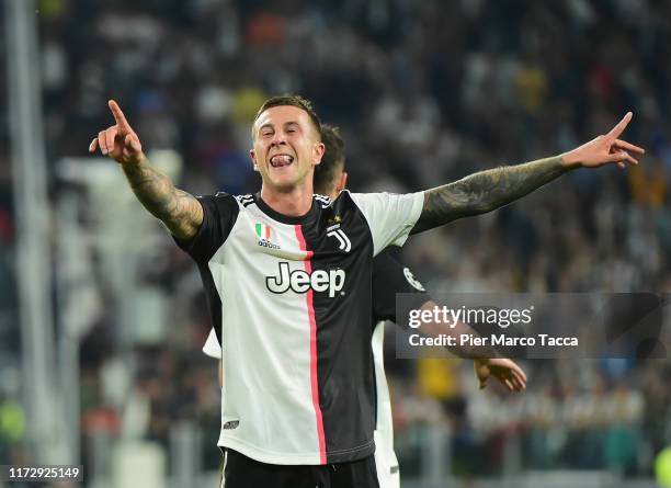 Federico Bernardeschi of FC Juventus celebrates after scoring the second goal of his team during the UEFA Champions League group D match between...