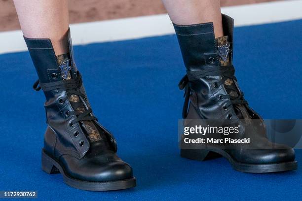 Actress Sophie Turner, boots detail, attends the "Heavy" photocall during the 45th Deauville American Film Festival on September 07, 2019 in...