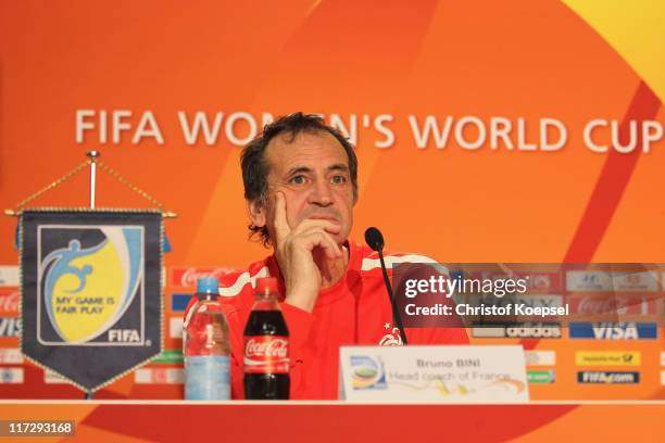 National coach Bruno Bini of France attends the France Women national team press conference at Rhein-Neckar Arena on June 25, 2011 in Sinsheim,...