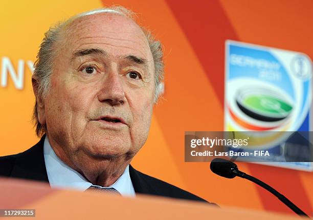 Joseph S. Blatter, FIFA president, speaks to the media during the FIFA Women's World Cup 2011 opening press conference at Olympia stadium on June 25,...