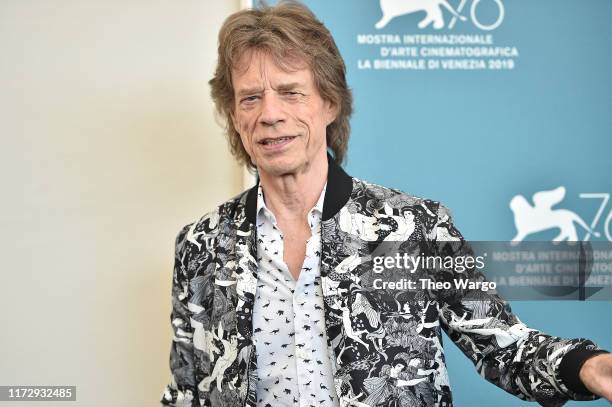 Mick Jagger attends "The Burnt Orange Heresy" photocall during the 76th Venice Film Festival at Sala Grande on September 07, 2019 in Venice, Italy.