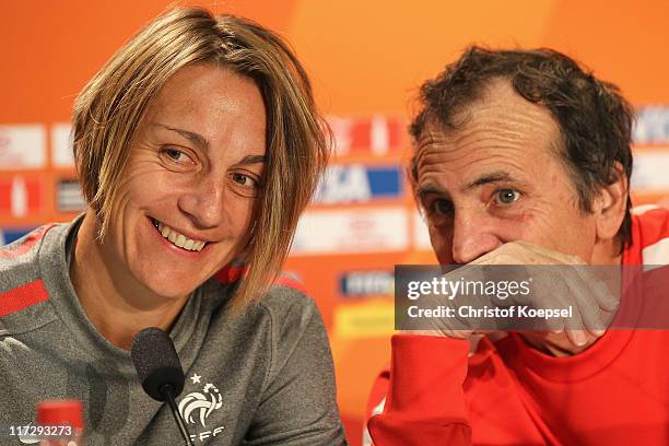 Sandrine Soubeyrand and national coach Bruno Bini of France attends the France Women national team press conference at Rhein-Neckar Arena on June 25,...