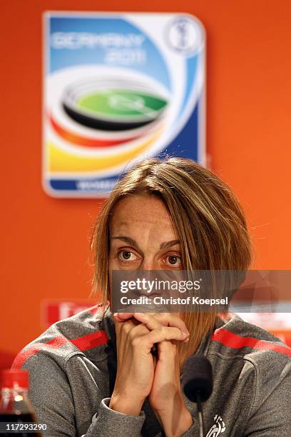 Sandrine Soubeyrand of France attends the France Women national team press conference at Rhein-Neckar Arena on June 25, 2011 in Sinsheim, Germany.