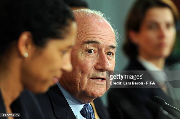 Joseph S. Blatter, FIFA president, speaks to the media during the FIFA Women's World Cup 2011 opening press conference at Olympia stadium on June 25,...