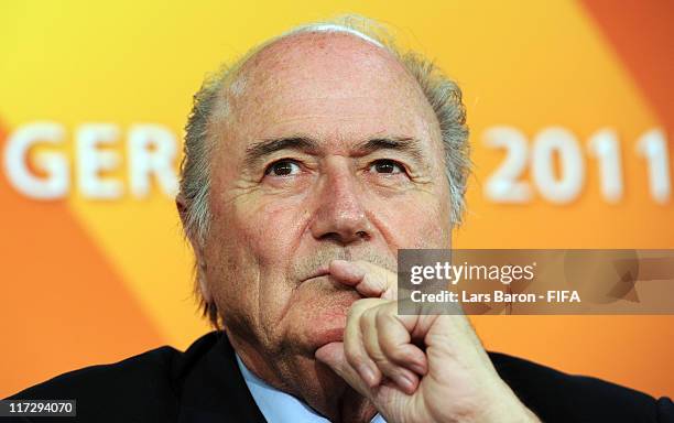 Joseph S. Blatter, FIFA president, looks on during the FIFA Women's World Cup 2011 opening press conference at Olympia stadium on June 25, 2011 in...