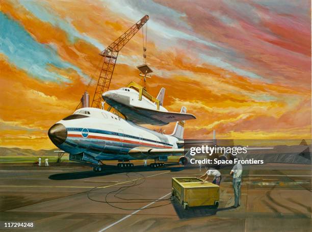 An artist's impression of the prototype Space Shuttle Enterprise being mounted on the Boeing 747 Shuttle Carrier Aircraft before an approach and...