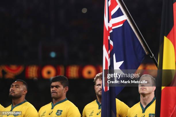 Wallabies players prepare to sing the national anthem during the International Test match between the Australian Wallabies and Manu Samoa at Bankwest...