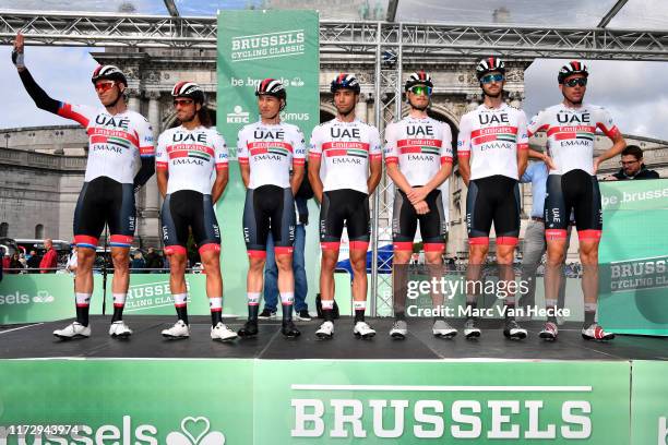 Start / Jasper Philipsen of Belgium and UAE - Team Emirates / Tom Bohli of Switzerland; and UAE - Team Emirates / Nicolas Dalla Valle of Italy and...