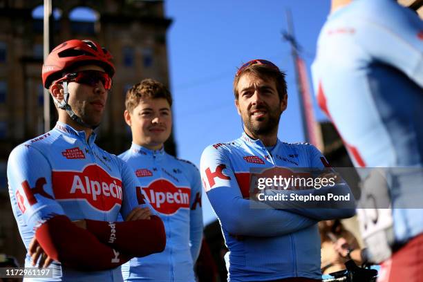 Start / Jens Debusschere of Belgium and Team Katusha Alpecin / Harry Tanfield of Great Britain and Team Katusha Alpecin / Alex Dowsett of Great...