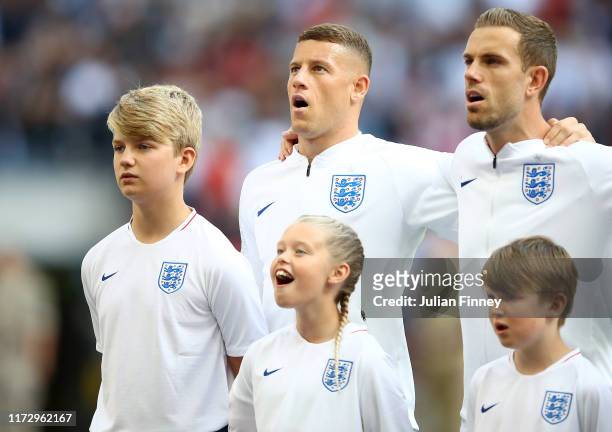Ross Barkley and Jordan Henderson of England stand for the national anthem prior to the UEFA Euro 2020 qualifier match between England and Bulgaria...