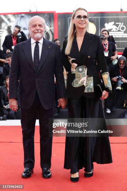 Aurelio De Laurentiis and Jacqueline Marie Baudit walk the red carpet ahead of the closing ceremony of the 76th Venice Film Festival at Sala Grande...