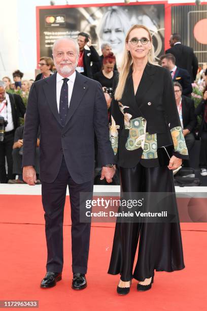 Aurelio De Laurentiis and Jacqueline Marie Baudit walk the red carpet ahead of the closing ceremony of the 76th Venice Film Festival at Sala Grande...