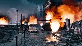 Urban battlefield scene with burning tank at night