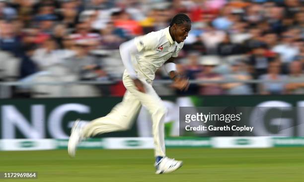 Jofra Archer of England bowls during day four of the 4th Specsavers Ashes Test match between England and Australia at Old Trafford on September 07,...
