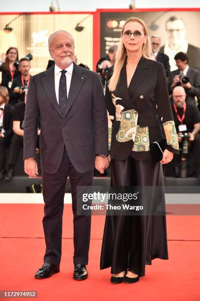 Aurelio De Laurentiis and Jacqueline Marie Baudit walk the red carpet ahead of the closing ceremony of the 76th Venice Film Festival at Sala Grande...