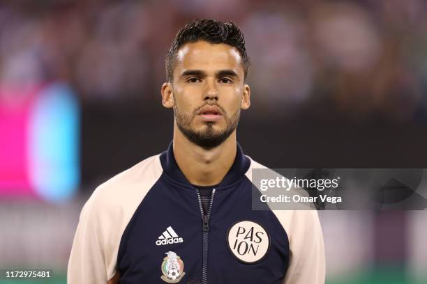 Diego Reyes of Mexico looks on during the international friendly match between Mexico and USA at MetLife Stadium on September 6, 2019 in East...