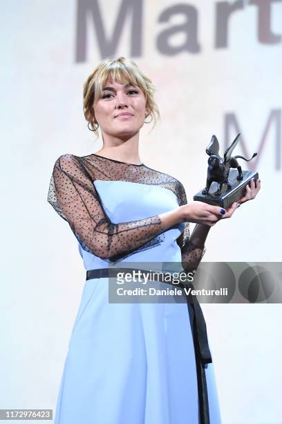 Marta Nieto receives the Orizzonti Award for Best Actress for "Madre" during the Award Ceremony during the 76th Venice Film Festival at Sala Grande...