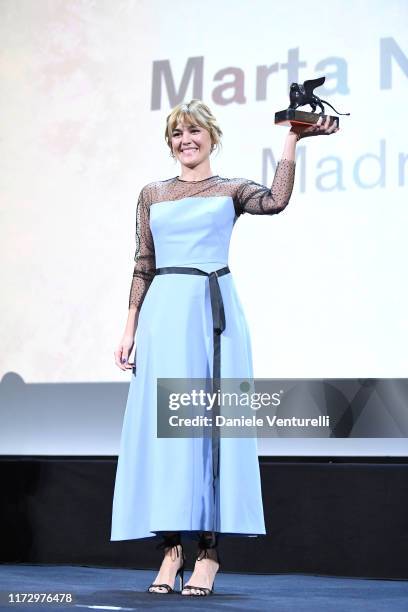 Marta Nieto receives the Orizzonti Award for Best Actress for "Madre" during the Award Ceremony during the 76th Venice Film Festival at Sala Grande...