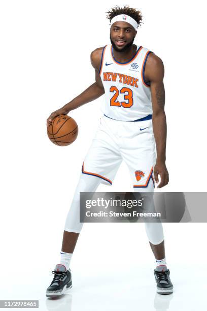 Mitchell Robinson of the New York Knicks poses for a portrait during media day on September 30, 2019 at the Madison Square Garden Training Center in...