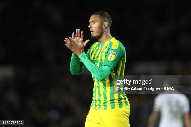 Kenneth Zohore of West Bromwich Albion applauds the travelling West Bromwich Albion Fans at the end of then match during the Sky Bet Championship...