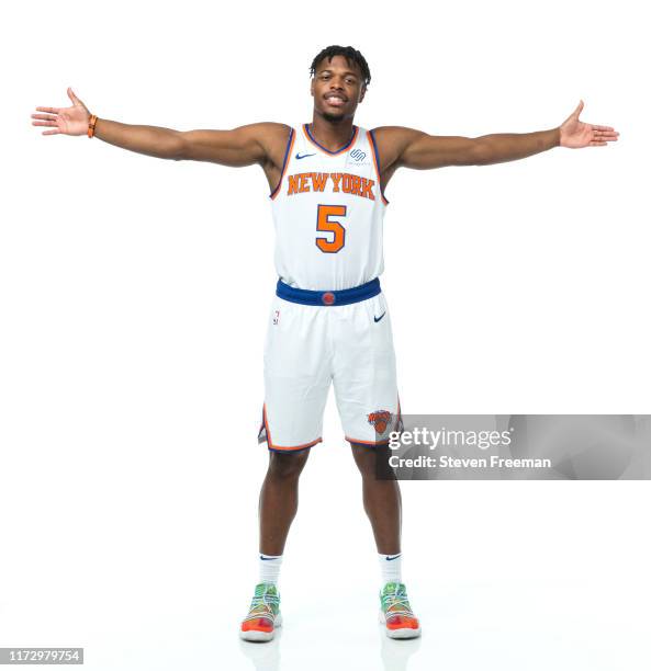 Dennis Smith Jr. #5 of the New York Knicks poses for a portrait during media day on September 30, 2019 at the Madison Square Garden Training Center...