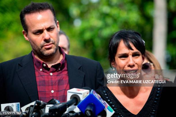 Marysol Sosa, daughter of the late singer Jose Jose, speaks during a news conference with her brother José Joel Sosa, at Bayfront Park in Miami on...