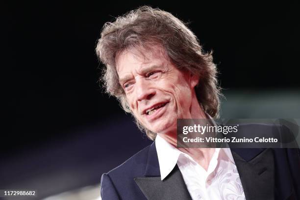 Mick Jagger walks the red carpet ahead of the "The Burnt Orange Heresy" during the 76th Venice Film Festival at Sala Grande on September 07, 2019 in...