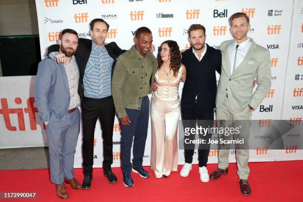 David Lawson Jr., Justin Benson, Anthony Mackie, Ally Ioannides, Jamie Dornan and Aaron Moorhead attend the "SYNCHRONIC" premiere during the 2019...