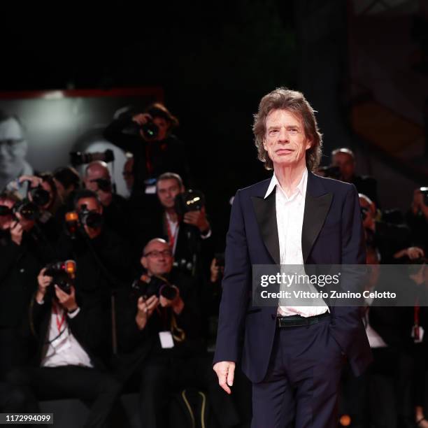 Mick Jagger walks the red carpet ahead of the "The Burnt Orange Heresy" during the 76th Venice Film Festival at Sala Grande on September 07, 2019 in...