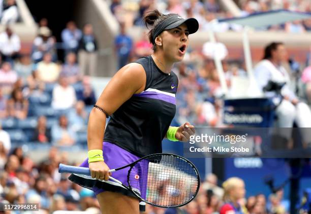 Bianca Andreescu of Canada reacts during her Women's Singles final match against Serena Williams of the United States on day thirteen of the 2019 US...