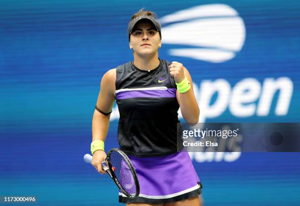 Bianca Andreescu of Canada celebrates set point in the first set during her Women's Singles final match against Serena Williams of the United States...