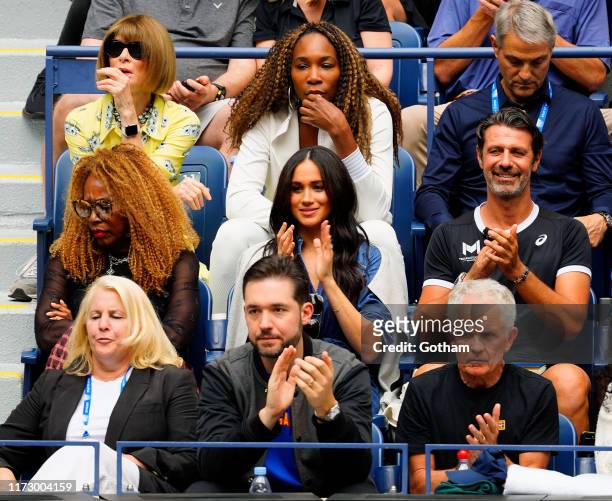 Anna Wintour, Venus Williams, Oracene Price, Meghan, Duchess of Sussex and Alexis Ohanian cheer on Serena Williams on September 07, 2019 in New York...