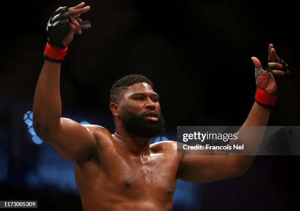 Curtis Blaydes of United States celebrates victory over Shamil Abdurakhimov of Russia during the UFC 242 event at The Arena on September 07, 2019 in...