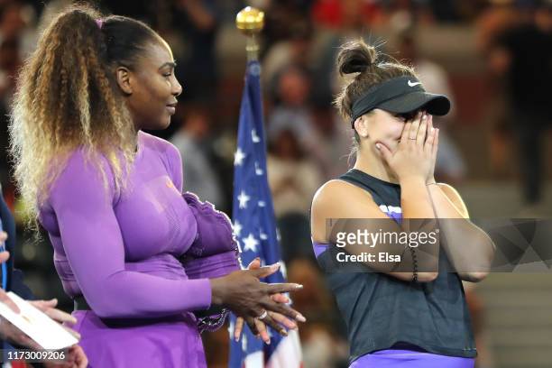 Bianca Andreescu of Canada reacts during the trophy presentation ceremony after winning the Women's Singles final against Serena Williams of the...