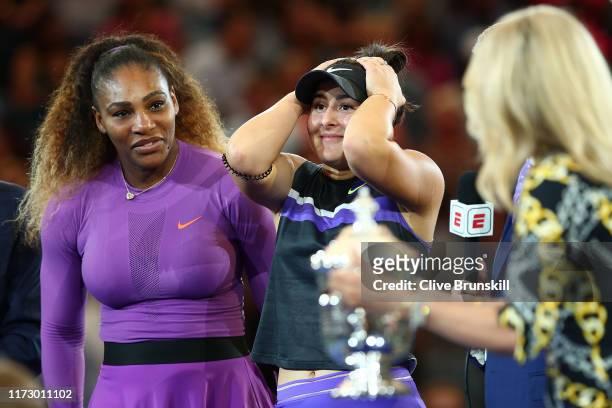 Bianca Andreescu of Canada reacts as she is interviewed by ESPN Reporter Tom Rinaldi during the trophy presentation ceremony after winning the...