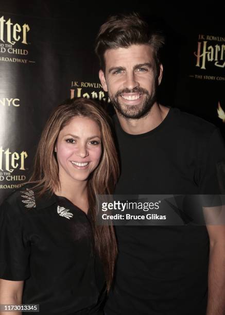 Shakira and Gerard Piqué pose backstage at the hit play "Harry Potter and the Cursed Child, Parts One & Two" on Broadway at The Lyric Theatre on...