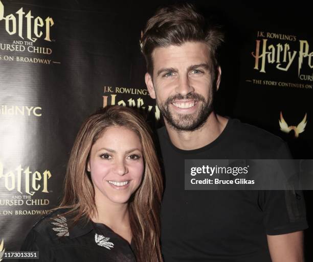 Shakira and Gerard Piqué pose backstage at the hit play "Harry Potter and the Cursed Child, Parts One & Two" on Broadway at The Lyric Theatre on...