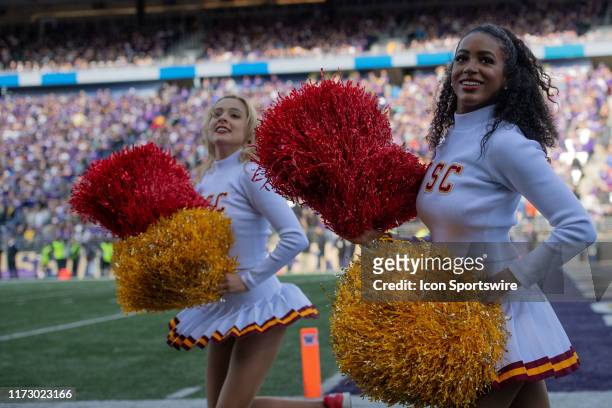Trojan cheerleaders performing during the college football game between the Washington Huskies and the USC Trojans on September 28 at Husky Stadium...