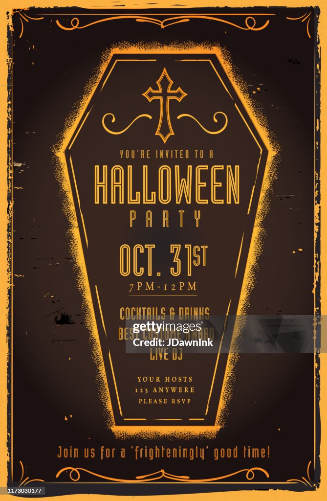 Spooky Coffin Halloween Party Invitation Design template with cross and scroll design elements