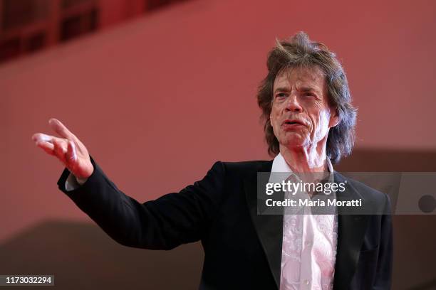 Mick Jagger walks the red carpet ahead of the "The Burnt Orange Heresy" premiere during the 76th Venice Film Festival at Sala Grande on September 07,...