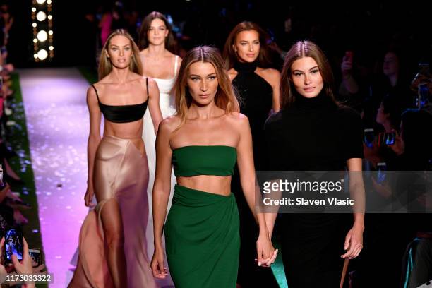 Bella Hadid, Candice Swanepoel, and Irina Shayk walk the runway for Brandon Maxwell during New York Fashion Week: The Shows on September 07, 2019 in...