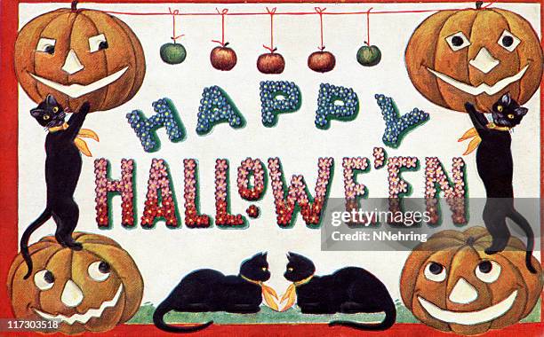 illustrazioni stock, clip art, cartoni animati e icone di tendenza di vintage halloween scena sulla vecchia cartolina di - 1908