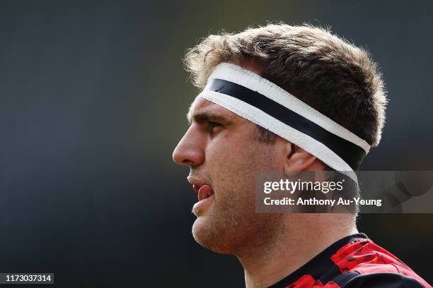 Luke Whitelock of Canterbury looks on during warmup prior to the Round 5 Mitre 10 Cup match between Auckland and Canterbury at Eden Park on September...