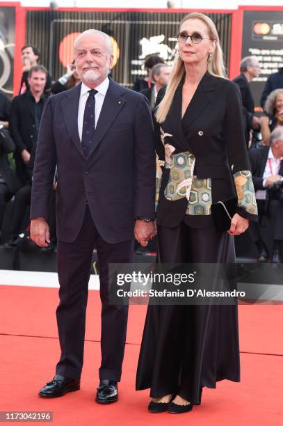 Aurelio De Laurentiis and Jacqueline Marie Baudit walk the red carpet ahead of the closing ceremony of the 76th Venice Film Festival at Sala Grande...