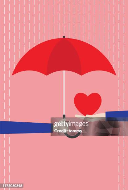bildbanksillustrationer, clip art samt tecknat material och ikoner med rött paraply skyddar hjärtat från regn - nära